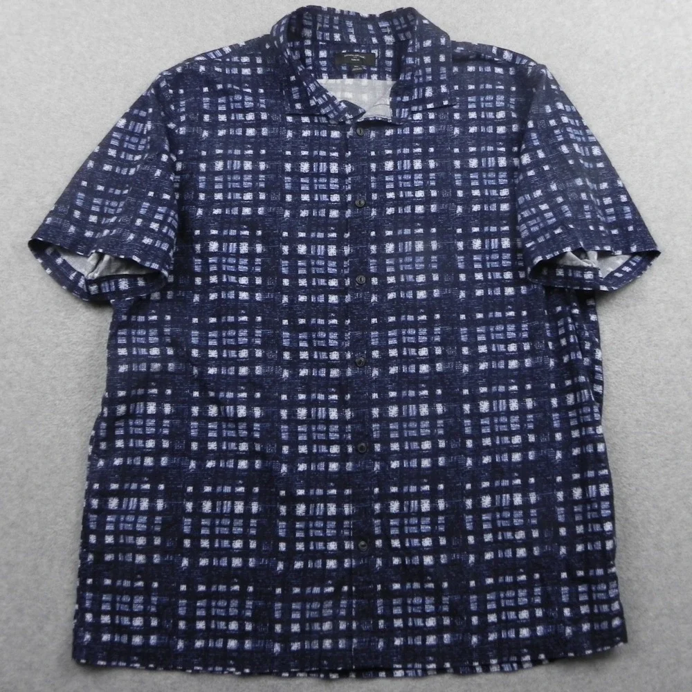 Banana Republic Shirt Mens XL Slim Fit Navy Blue White Grid Short Sleeve Cotton